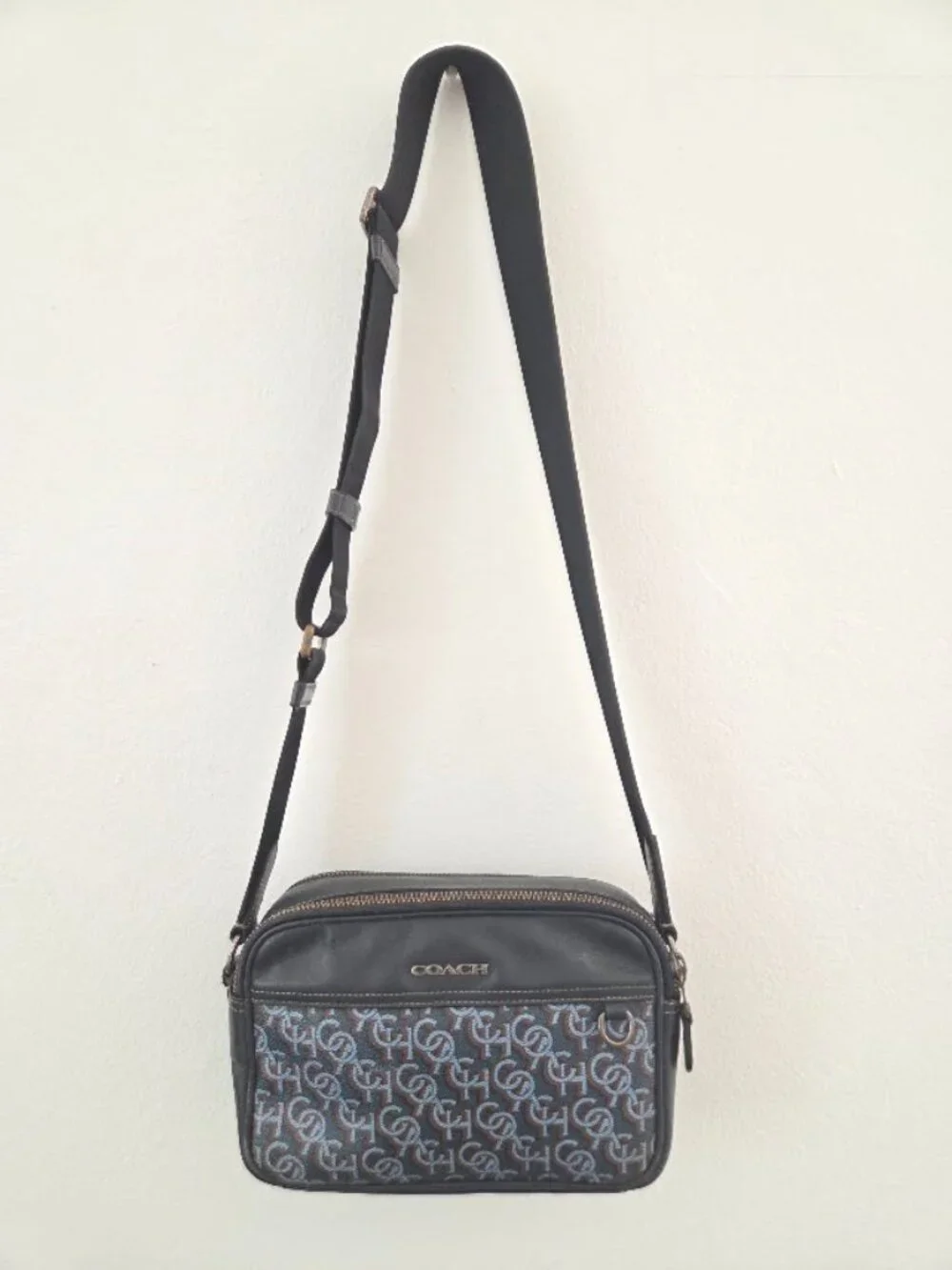 Unisex Vintage Coach Monogram Signature Crossbody Shoulder Bag Blue Black